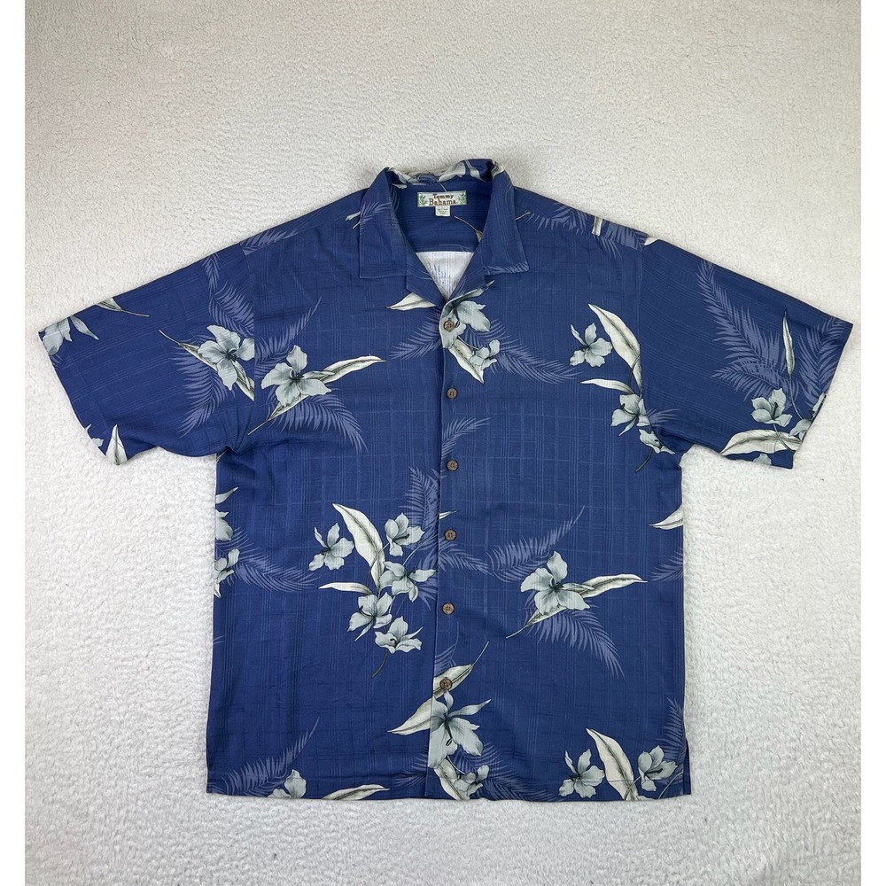 Tommy Bahama Hawaiian Shirt Men's Large Blue Floral Aloha‎ Loop Collar Silk